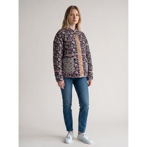 Uncharted Threads Mixed Media Quilted Patchwork Snap Front Jacket Black Yellow L